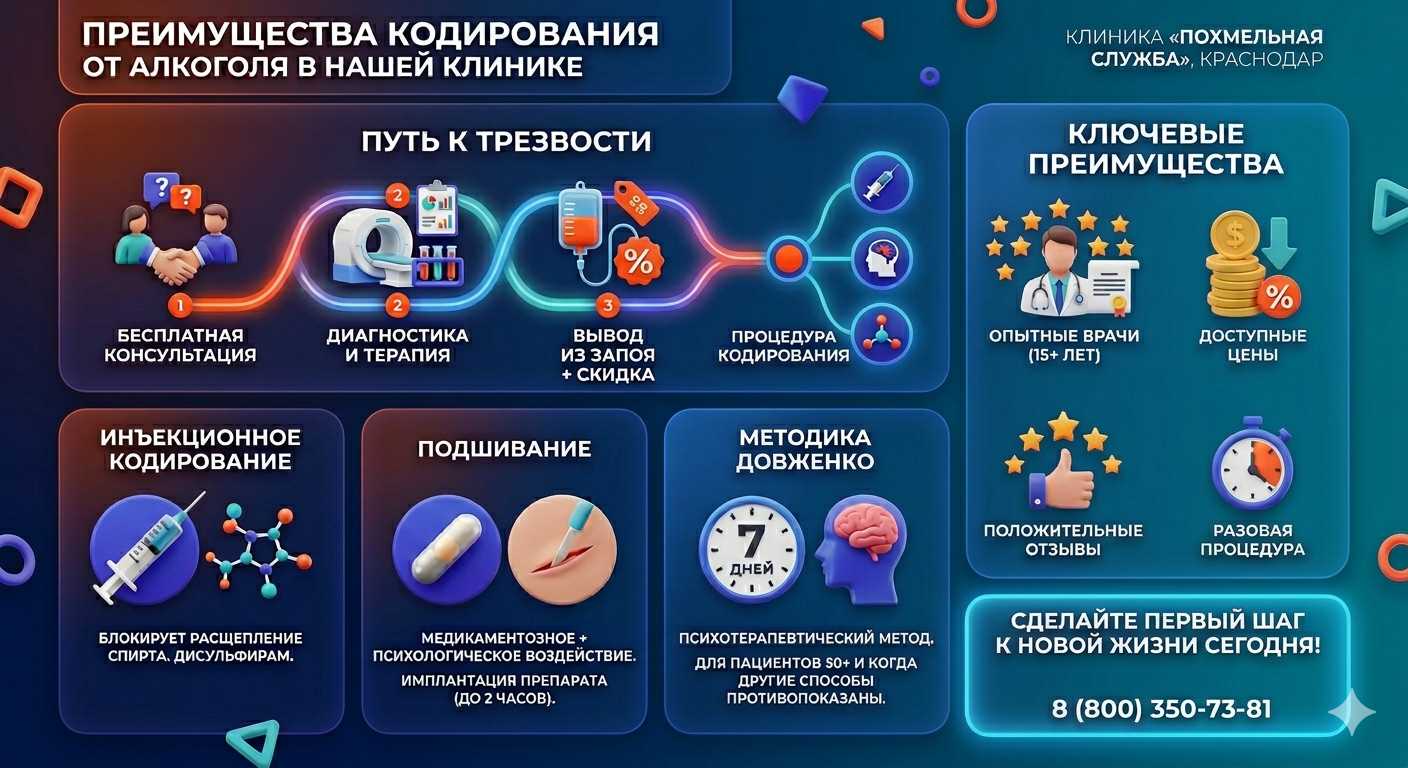 Инфографика о методах кодирования от алкоголя в Черемхово: инъекции, подшивание, метод Довженко. Преимущества клиники и этапы лечения.