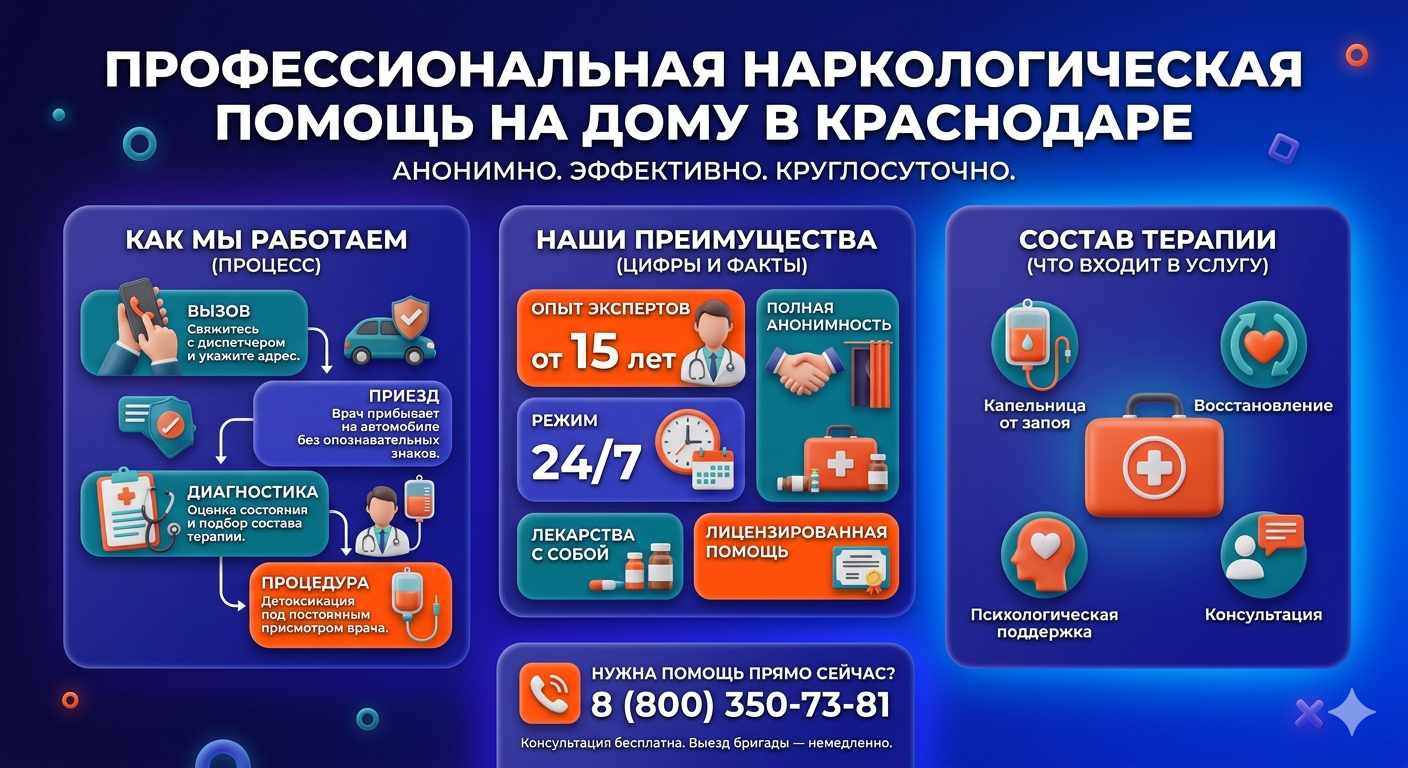 Инфографика о принципах лечения алкоголизма на дому в Черемхово: этапы вызова нарколога, преимущества анонимной детоксикации и состав медицинской помощи.